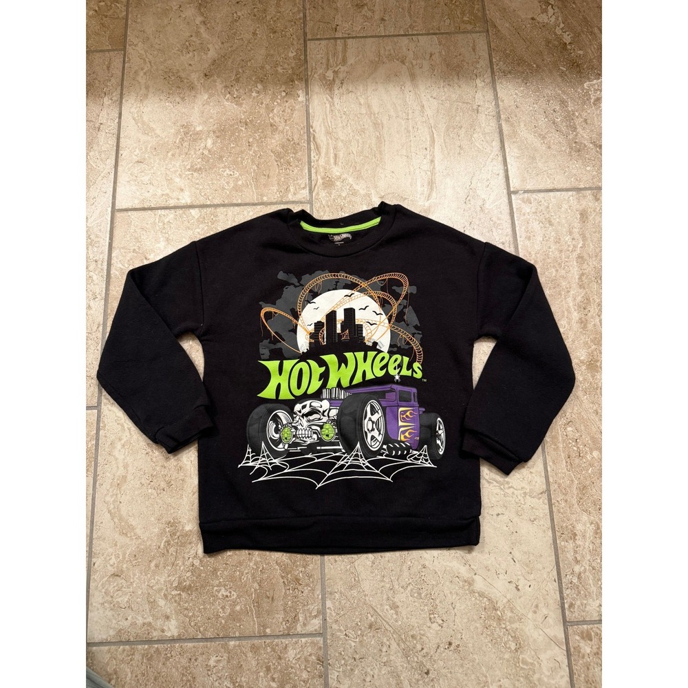 Hot Wheels Boys Graphic Sweatshirt Black Purple Hot Rod Skull Size 7